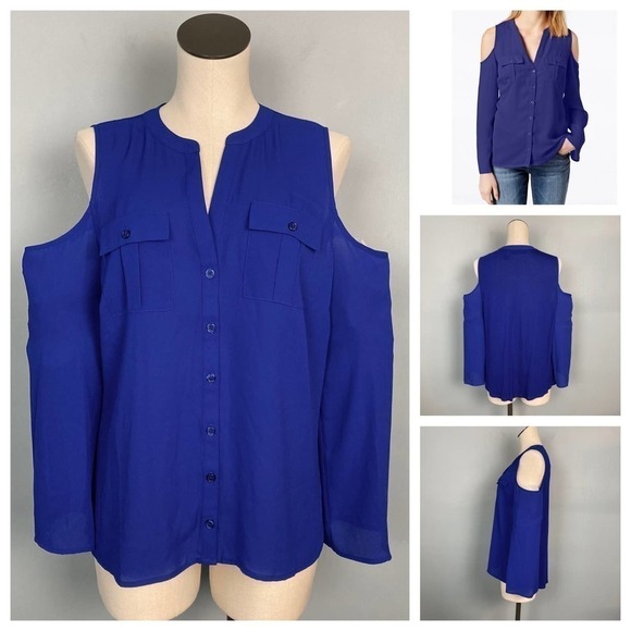 INC International Concepts Tops - INC Petite Femme Force Cold Shoulder Goddess Blue Button Up Blouse Size PL